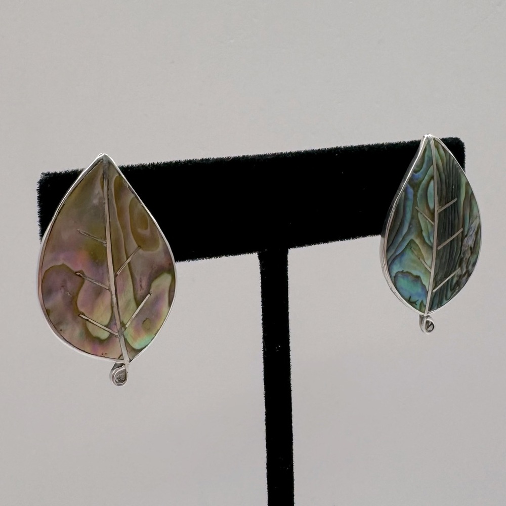 TAXCO Vintage Alpaca Silver Abalone Leaf Earrings